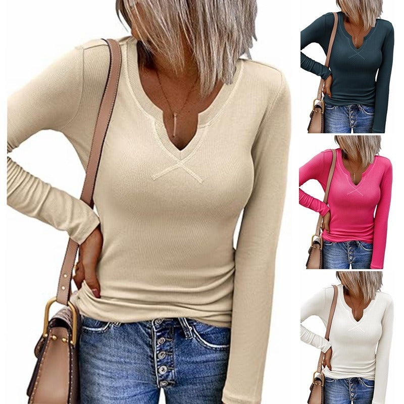 Deep U-neck Crossover Long Sleeve T-shirt Wholesale Womens Tops N3824091200174