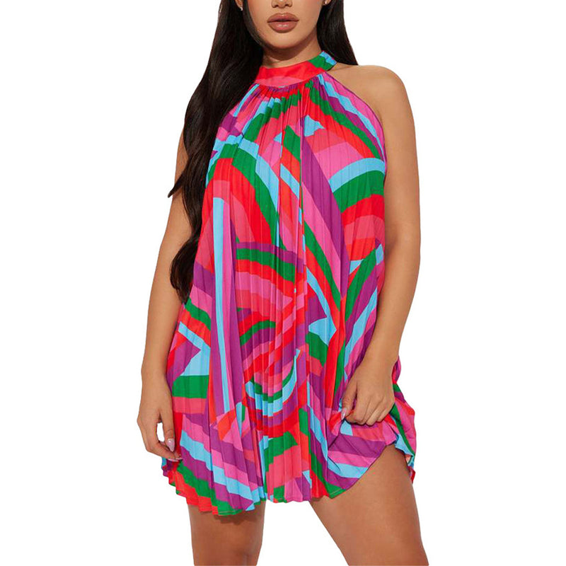 Beach Off-Shoulder Sleeveless Printed Pleated Dress Wholesale Womens Clothing N3823103000079