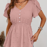 Women's V-Neck Tulip Sleeve Button Embellished Jacquard T-Shirt Wholesale Womens Clothing N3824010500024