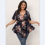 Wholesale Plus Size Womens Clothing Printed Irregular Short-Sleeved Low-Cut Top