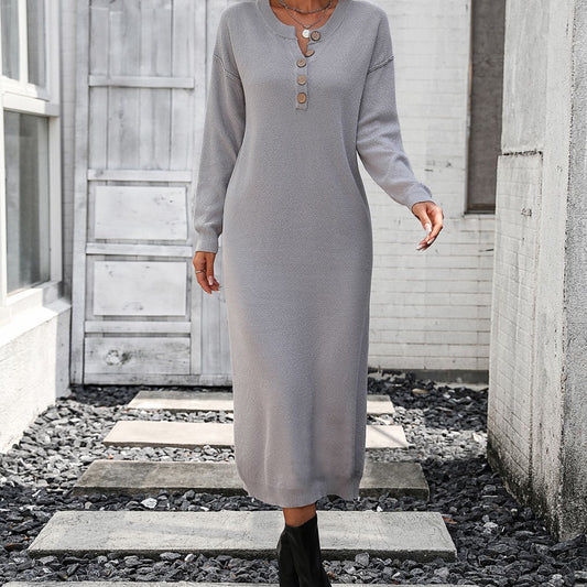 Fashion Solid Colour Long Sleeve Button Down Knit Dress Wholesale Dresses