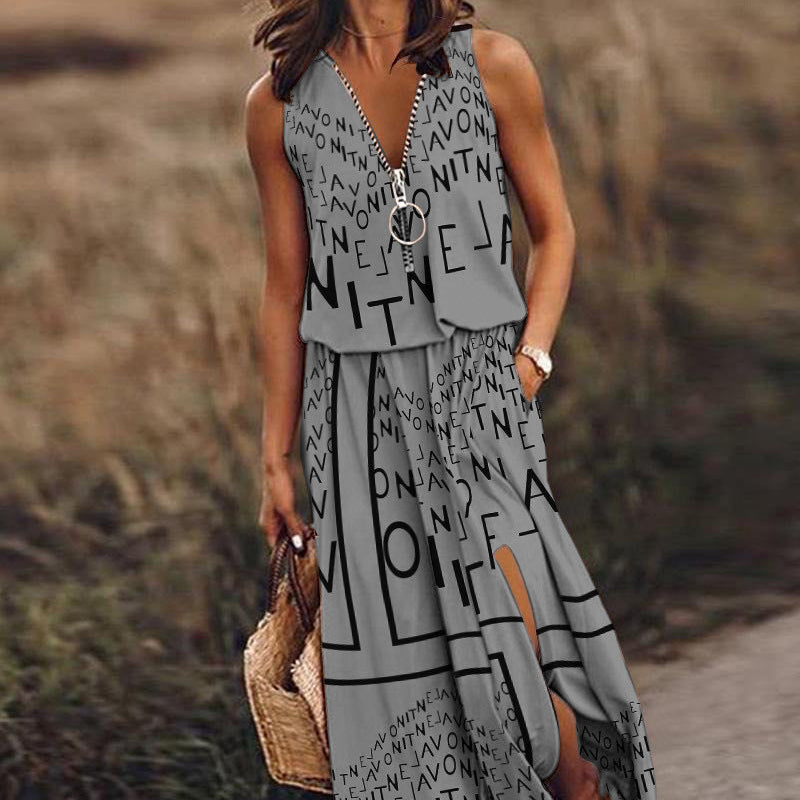 Slit Sleeveless Casual Zipper Letter Print Dress Wholesale Dresses