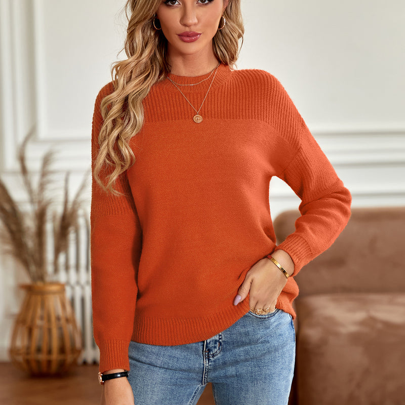 Solid Colour Loose Round Neck Long Sleeve Sweater wholesale womens tops