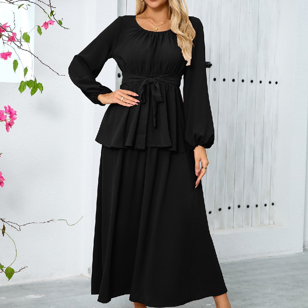 Elegant Round Neck Lantern Long Sleeve Tops Skirts 2-Piece Set Wholesale Womens Clothing N3824082300048