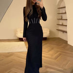 Women's Slim Long Sleeve Pleated Strap Irregular Maxi Dresses Wholesale Womens Clothing N3823122100003