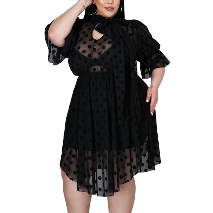 Sexy Mesh Hollow Irregular Large Hem Dress Wholesale Plus Size Womens Clothing N3823100900038