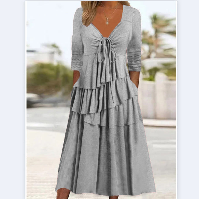 Casual Long Sleeve V Neck Tie Irregular Cake Dresses Wholesale Dresses