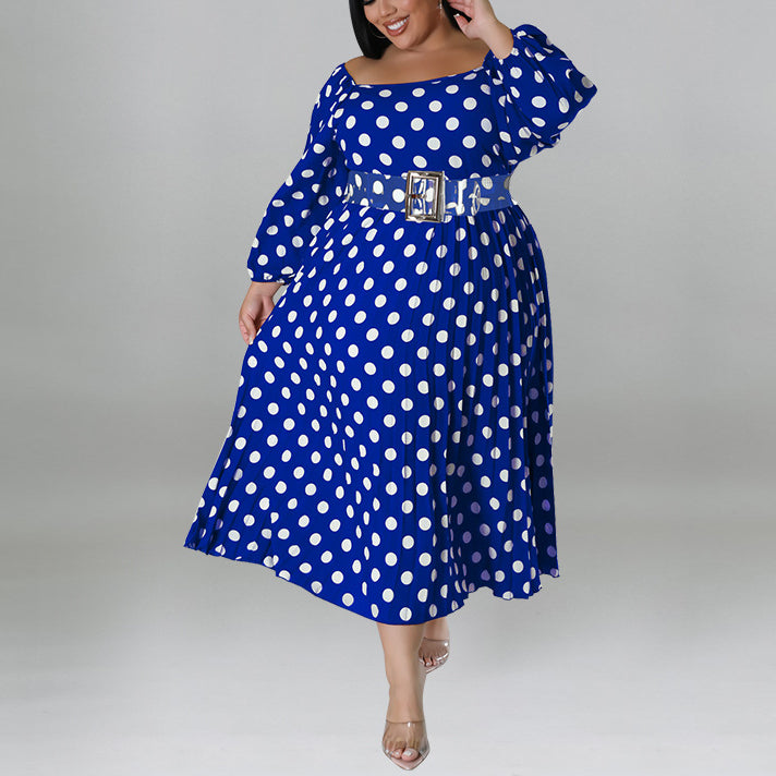 Wholesale Women Plus Size Clothing Long-Sleeved Printed Polka Dot Big Swing Backless Belted Dress