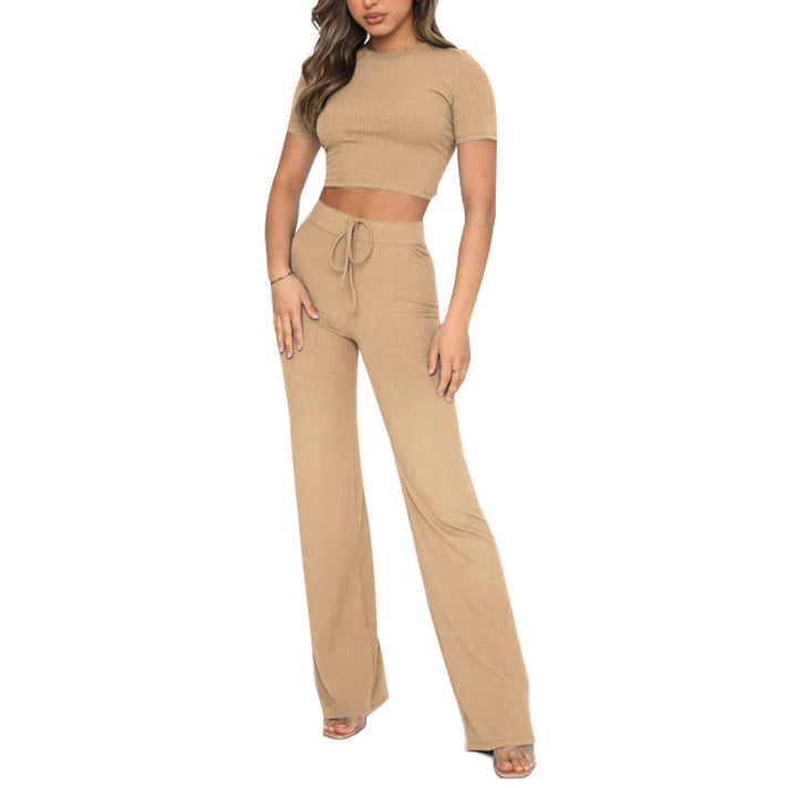 Solid Color High-Elastic Ribbed Cropped Tops And Wide-Leg Pants Two-Piece Set Wholesale Womens Clothing N3823103000015