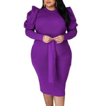 Fashionable Solid Color Long Sleeve Belted Slim Fit Wholesale Plus Size Dress Clothing N3823100900055