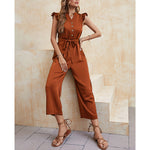 Commuter V-Neck Flying Sleeve Solid Color Wood Ear Jumpsuit Wholesale Womens Clothing