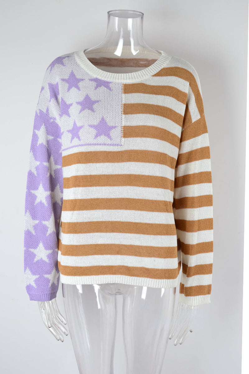Contrast Stripe Knit Long Sleeve Crewneck Sweater Wholesale Women'S Top