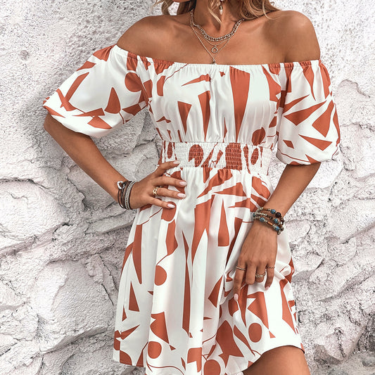 One-Shoulder Balloon Sleeve Slim-Fit Print Dress Wholesale Dresses