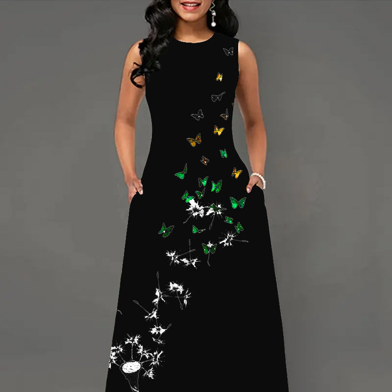 Fashion Butterfly Print Round Neck Sleeveless A-Line Dress Wholesale Dresses