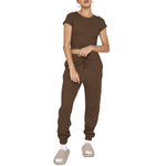 Solid Color Waffle Crew Neck Short Sleeve Pants Suit Wholesale Womens Clothing N3823103000054