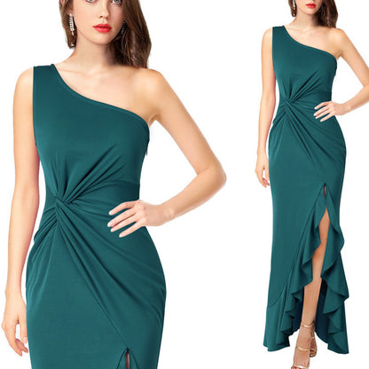 One-Shoulder Solid Color Large-Scale Slim-Fit Banquet Dress Wholesale Dresses