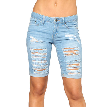 Slim Fit Ripped Denim Shorts Wholesale Womens Clothing N3823090500058