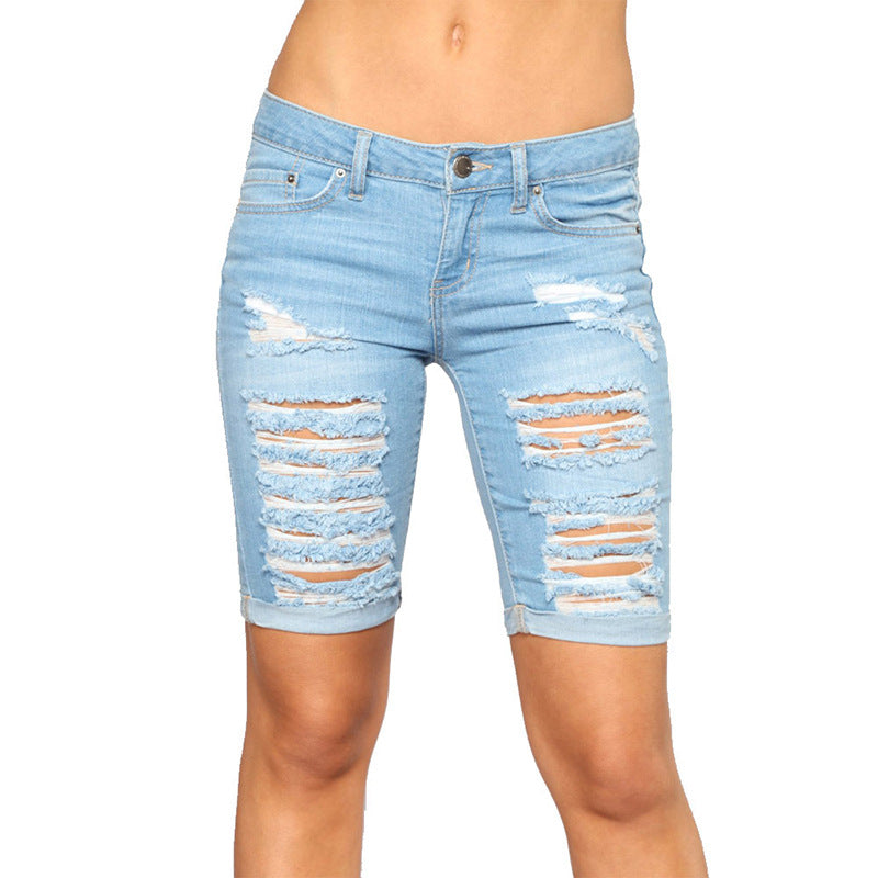 Slim Fit Ripped Denim Shorts Wholesale Womens Clothing N3823090500058