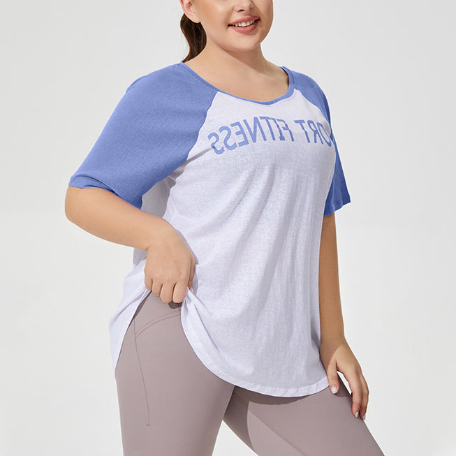 Wholesale Plus Size Womens Clothing Loose Through Contrast Color Sports Short-Sleeved T-Shirt