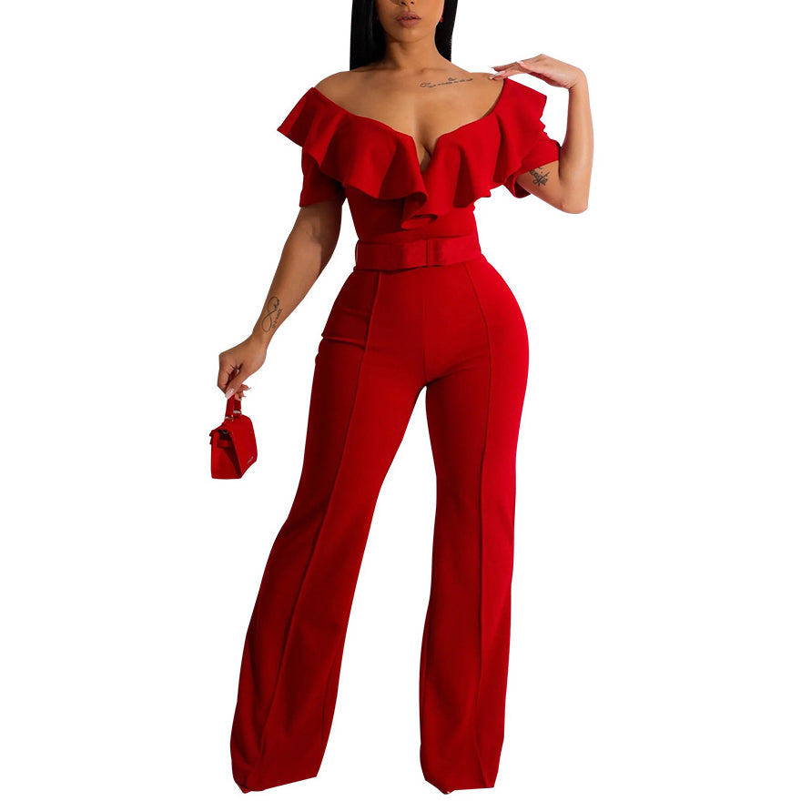 V Neck Ruffled Sexy Waist Jumpsuit Wholesale Womens Clothing N3823103000103