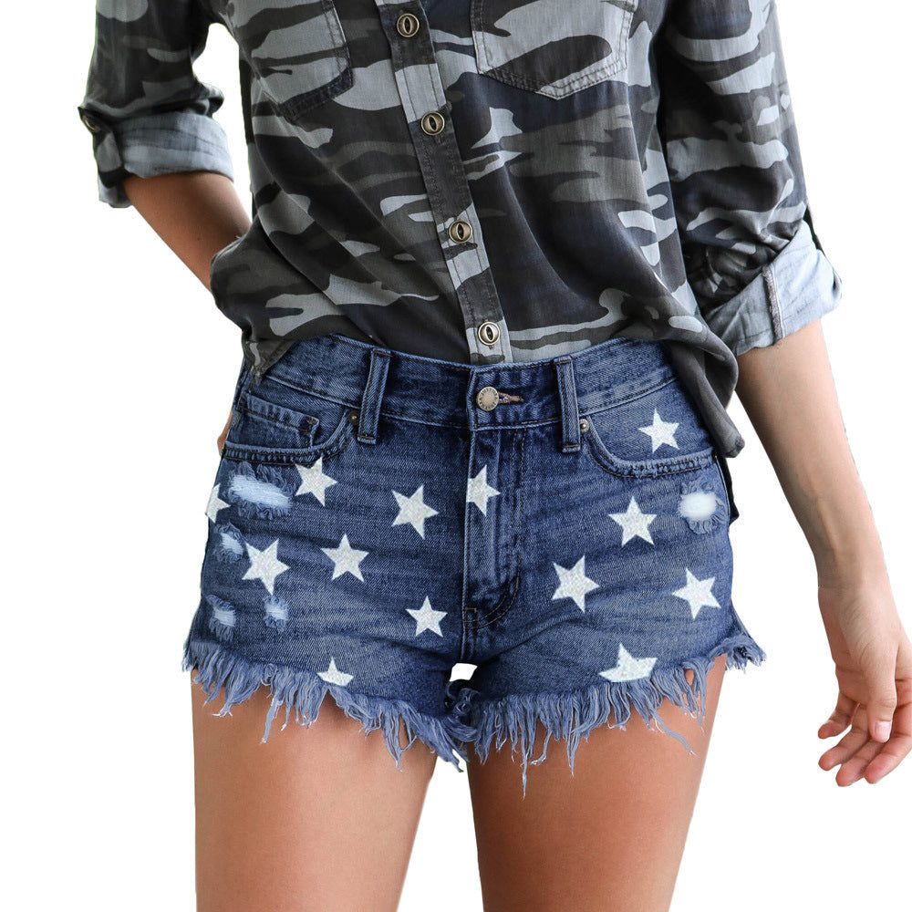 Sexy Ripped Denim Shorts Star Print Wholesale Womens Clothing N3823090500065