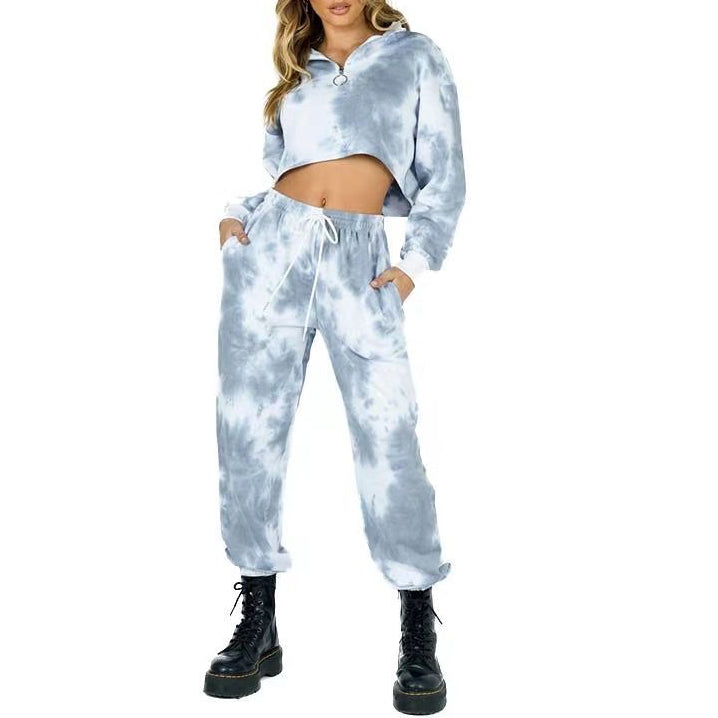 Tie Dye Stand Collar Zipper Side Pocket Trousers Navel Tops Wholesale Womens 2 Piece Sets N3823103000047
