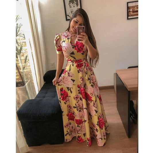 Fashion Digital Print Short Sleeve Big Hem Dresses Wholesale Dresses