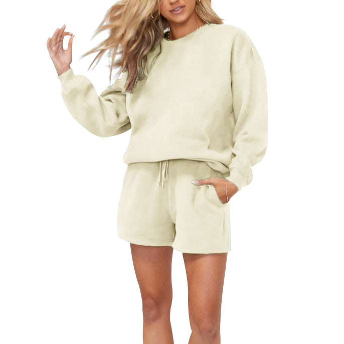 Solid Color Crew Neck Fleece Sweatshirt And Shorts Wholesale Womens 2 Piece Sets N3823103000036