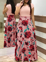Stylish Floral Printed Splicing High Waist Long Dress Wholesale Dresses