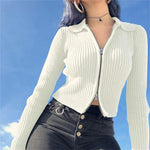 Casual Knit Zipper Long Sleeve High Neck Revealing Top Wholesale Womens Tops