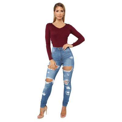 Hole High Waist Slim Jeans Wholesale Womens Clothing