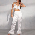 Feather Suspenders Crop Tops High Waist Straight Pants Niche Two-Piece Wholesale Womens Clothing