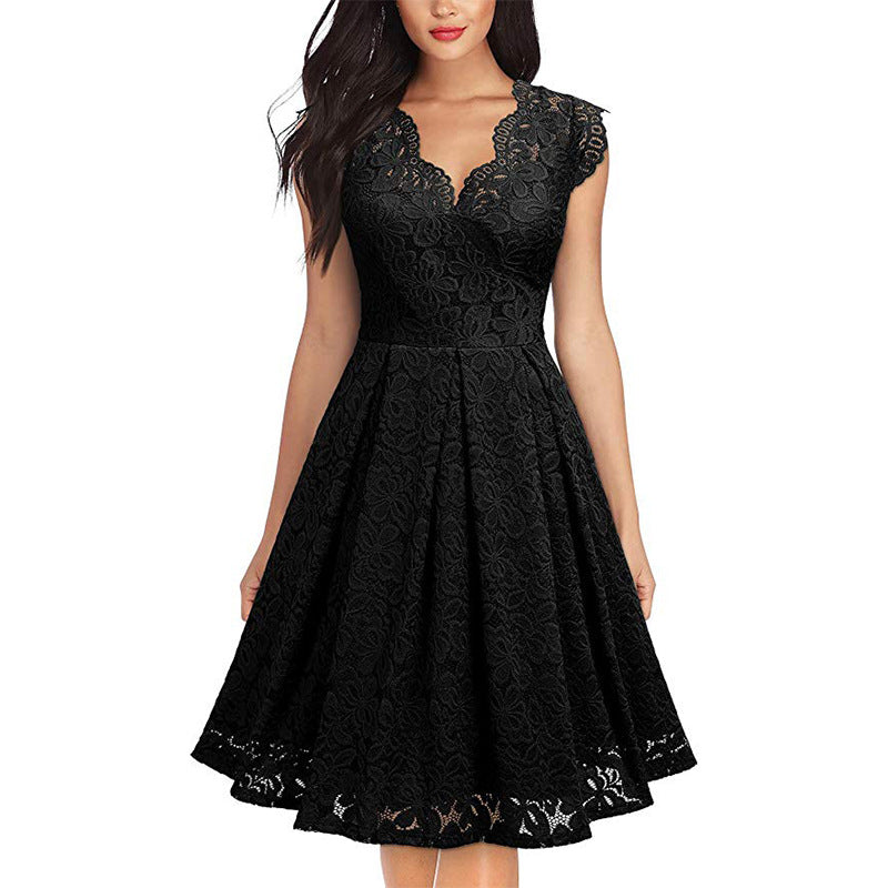 Vintage Lace V-Neck Sleeveless Big Hem Dress Wholesale Dresses