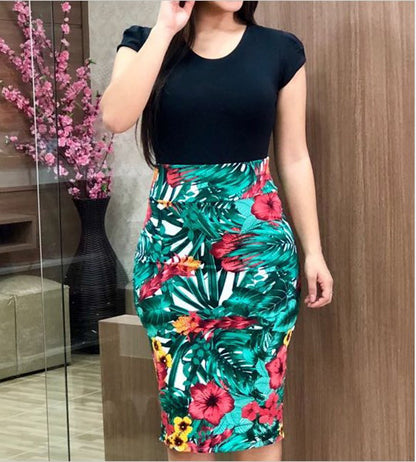 Fashion Colorblocking Floral Print Round Neck Hip Dresses Wholesale Dresses