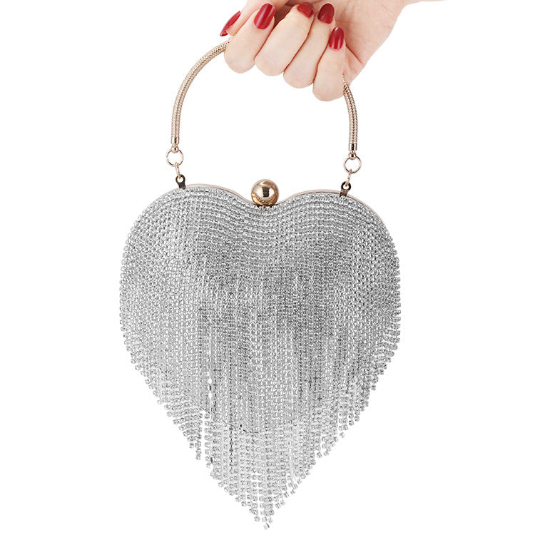 Exquisite Diamond-Encrusted Tasseled Heart-Shaped Party Clutch Bag Wholesale Womens Clothing