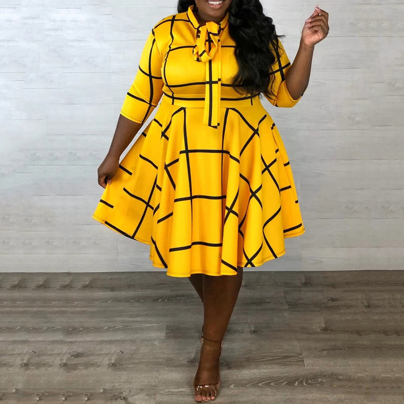 Waist Digital Print Yellow Tie Plus Size Dress Wholesale Womens Clothing N3823120600146