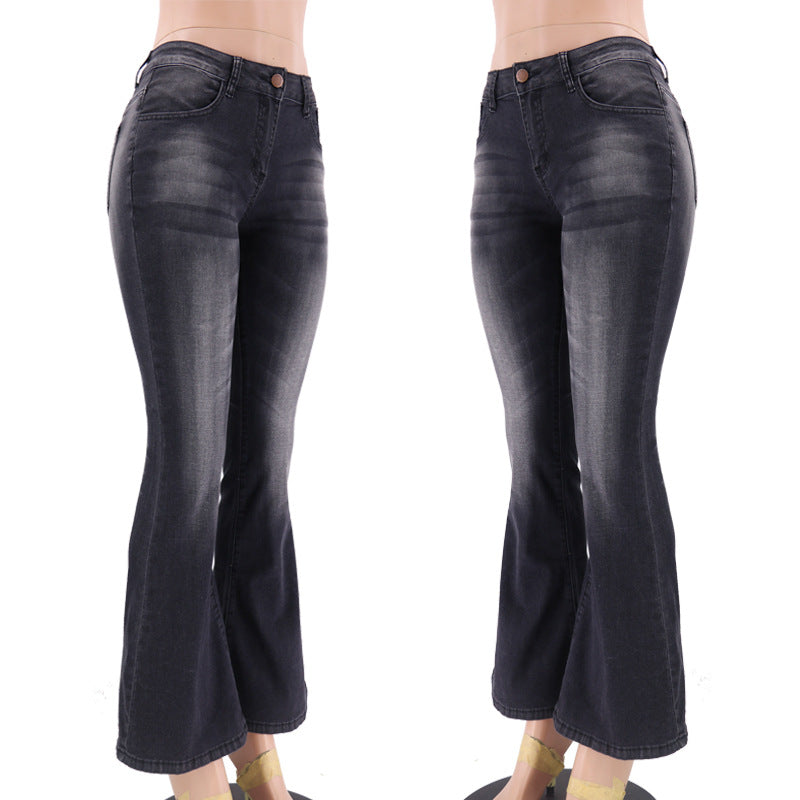 Casual Solid Color Mid-Rise Denim Flared Pants Wholesale Womens Clothing