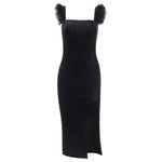 Sexy And Noble Solid Color Mid-Length Split Hairy Shoulder Dress Wholesale Dresses
