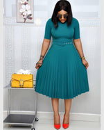 Round Neck Midi Pleated Dress Wholesale Plus Size Womens Clothing N3823112300125