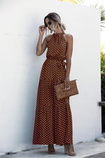 Polka Dot Print Neck Tie Maxi Dresses Wholesale Womens Clothing N3824050700091