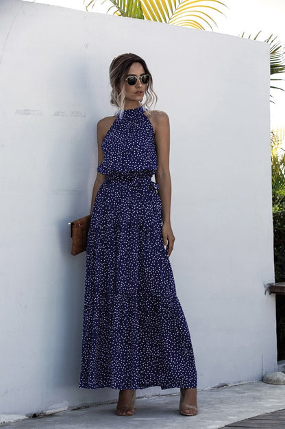 Polka Dot Print Neck Tie Maxi Dresses Wholesale Womens Clothing N3824050700091