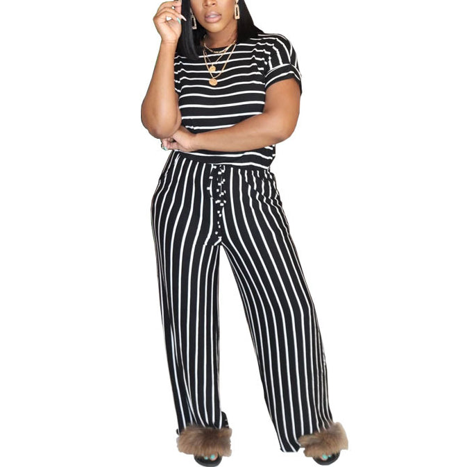 Wholesale Plus Size Womens Clothing Striped Short-Sleeved Wide-Leg Pants Casual Two-Piece Suit