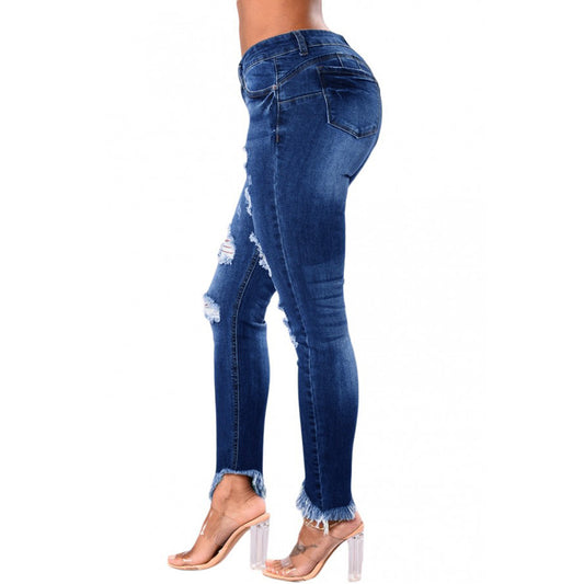 Slimming And Hip Lifting Hole Breaking Low Waisted Fringe Jeans Wholesale Womens Clothing