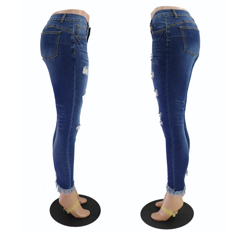 Slimming And Hip Lifting Hole Breaking Low Waisted Fringe Jeans Wholesale Womens Clothing