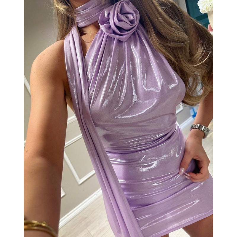 Sexy Solid Color Metallic Paint Color Rose Hanging Neck Dress Wholesale Dresses