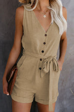 Casual Sleeveless Solid Color V-Neck Bow Tie Jumpsuit Wholesale Jumpsuits
