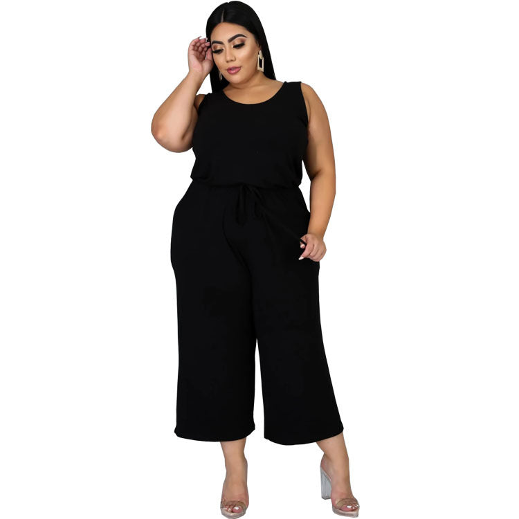 Wholesale Plus Size Womens Clothing Sleeveless Casual Solid Color Round Neck Jumpsuit
