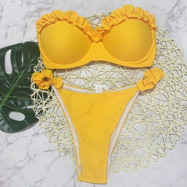 Off-Shoulder Solid Color Low-Rise Ruffle Bikini Set Wholesale Women'S Clothing