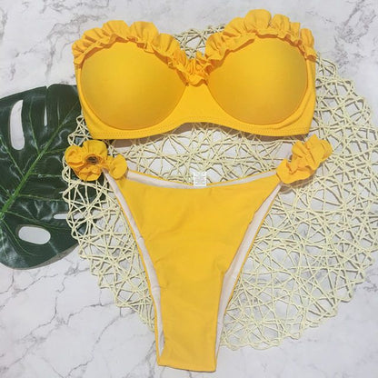 Off-Shoulder Solid Color Low-Rise Ruffle Bikini Set Wholesale Women'S Clothing