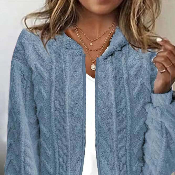 Casual Hooded Jacquard Long Sleeve Plush Jacket Wholesale Womens Clothing